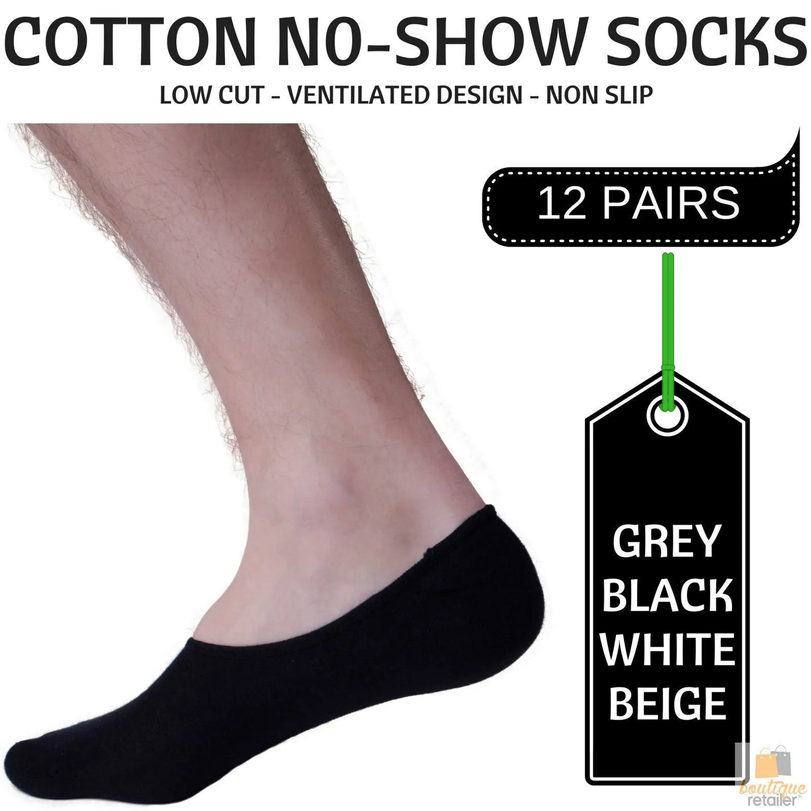 12x NO SHOW COTTON SOCKS Non Slip Heel Grip Low Cut Invisible Footlet Seamless