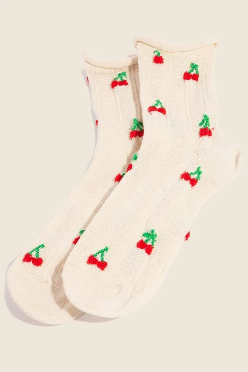 Intricate Cherry Embroidered Beige Socks