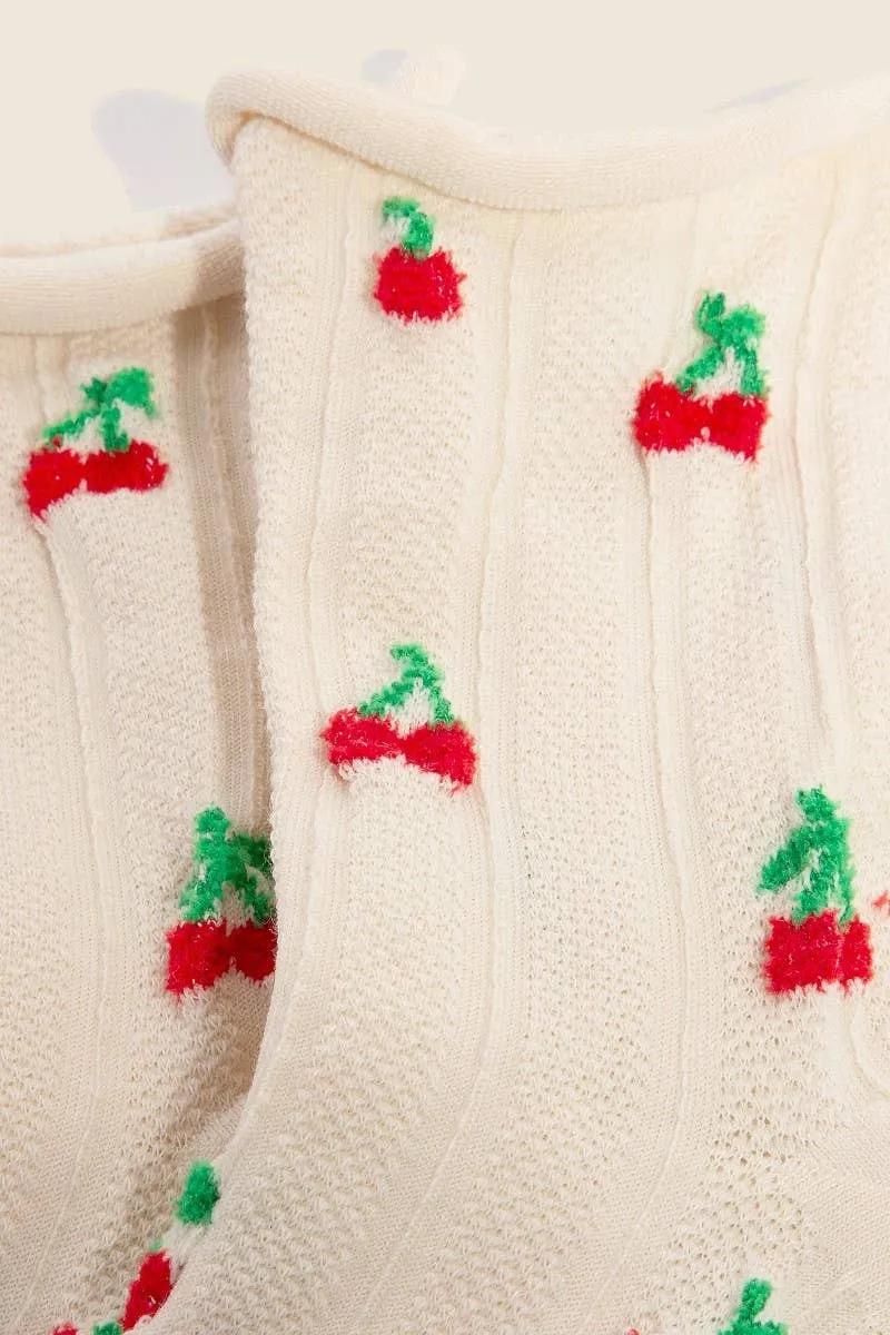 Intricate Cherry Embroidered Beige Socks