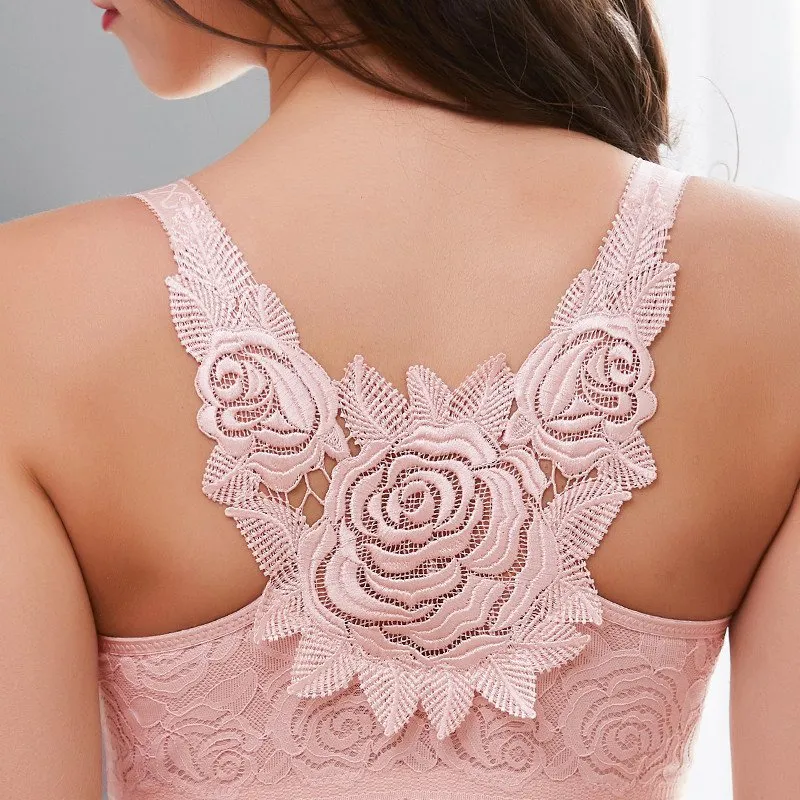 Rose Embroidery Front Closure Wirefree Bra-BLACK