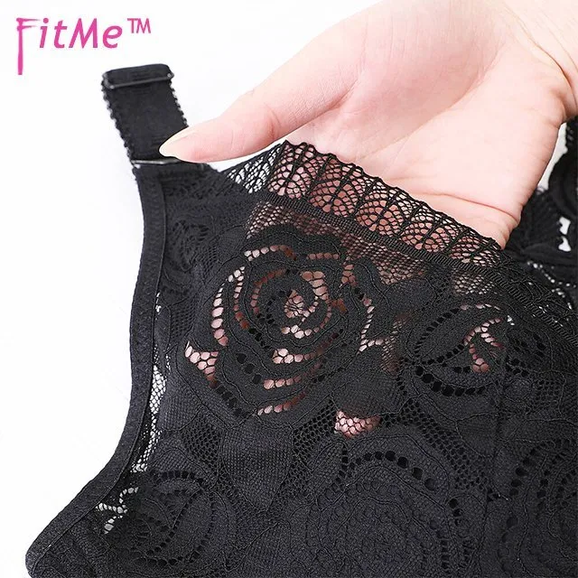 Rose Embroidery Front Closure Wirefree Bra-BLACK