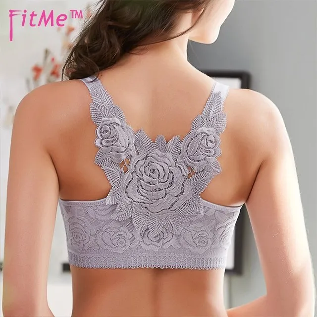 Rose Embroidery Front Closure Wirefree Bra-BLACK