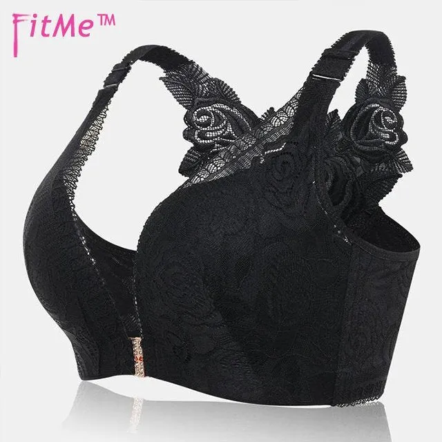 Rose Embroidery Front Closure Wirefree Bra-BLACK